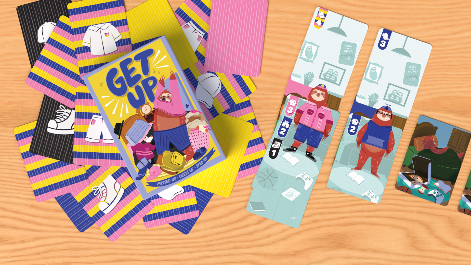 The Get Up game box and cards, featuring illustrated sloth characters getting dressed