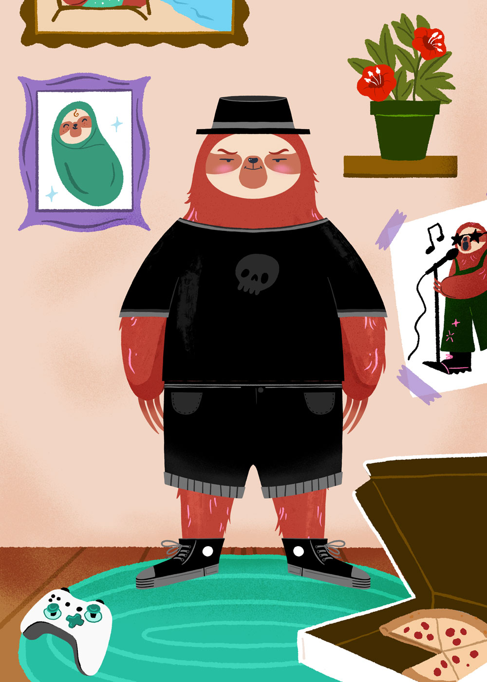 Goth Sloth, a fully black-dressed sloth character from Get Up