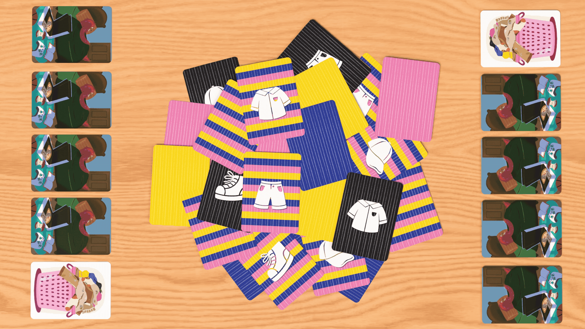 A messy pile of clothing cards for Get Up being searched through