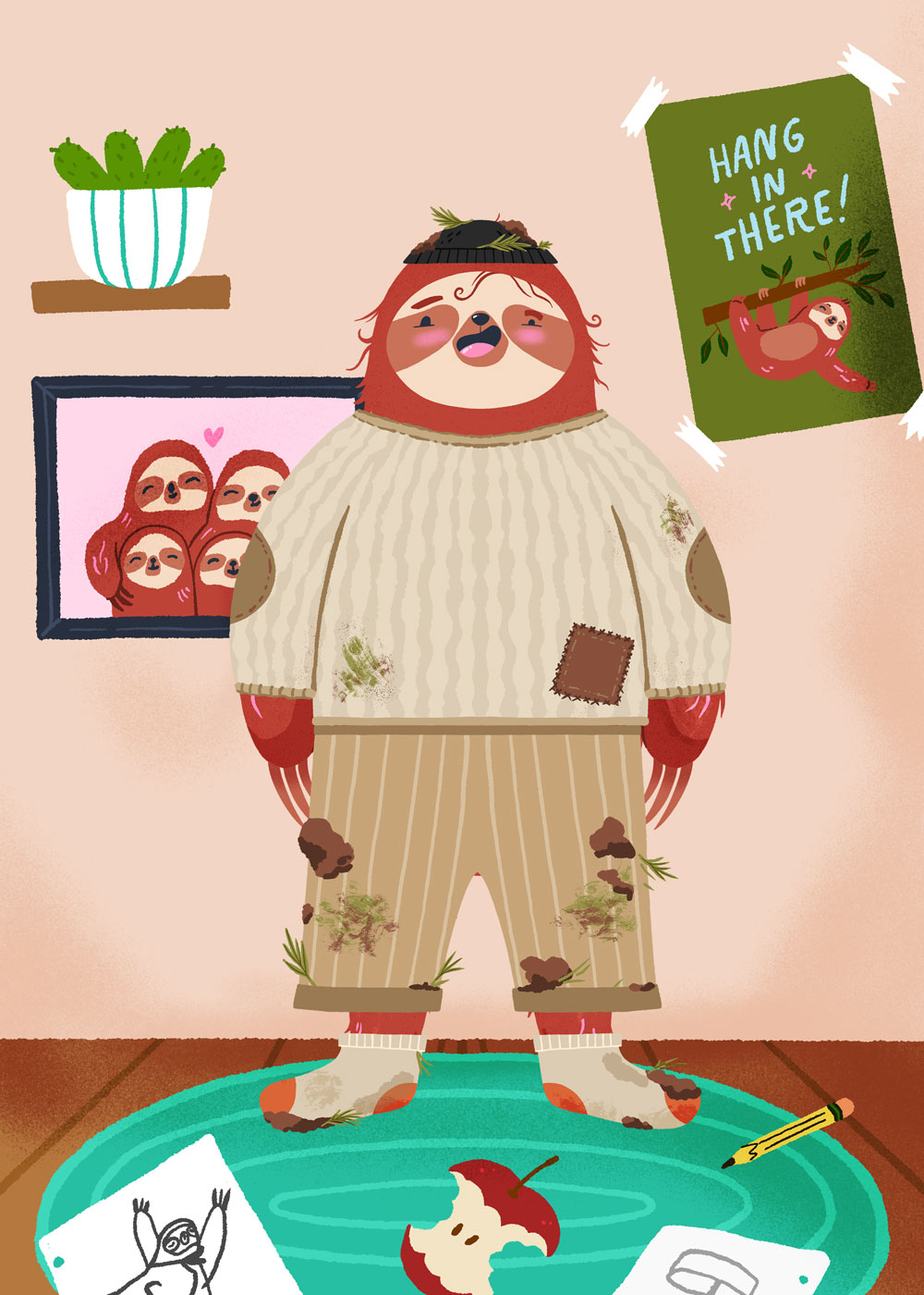 Slobby Sloth, a fully dirty-dressed sloth character from Get Up