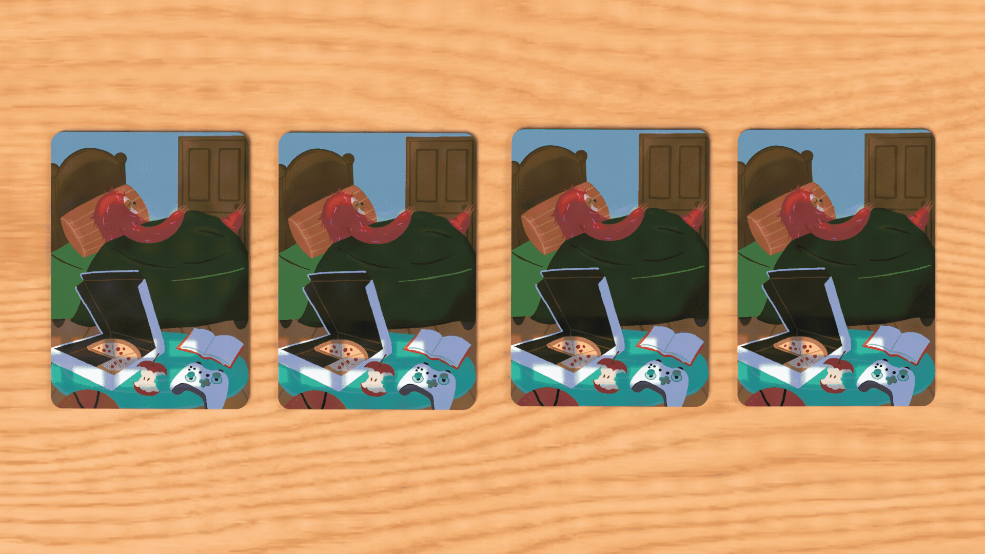 Animated clothing cards from Get Up flipping and matching on a wood table